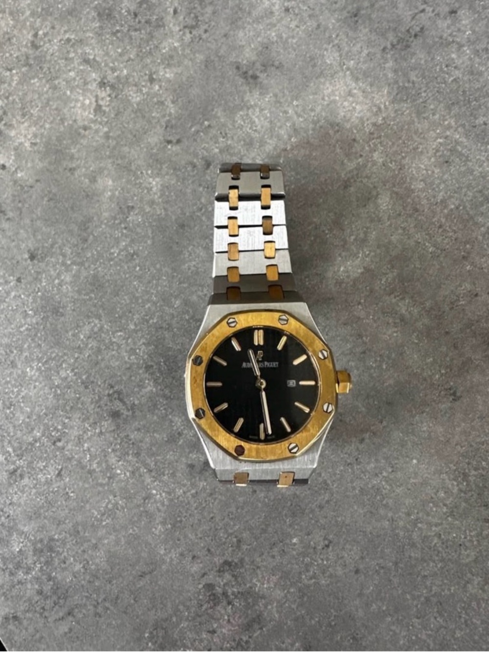 Audemars Piguet Two-Tone Watch with Black Dial and Gold Bezel